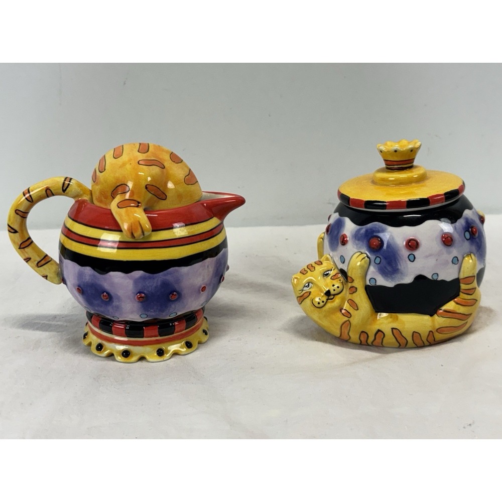 Vtg Cm Redwine Cat Creamer & Sugar Set Whimsical Artsy Crazy Cat Lady Colorful